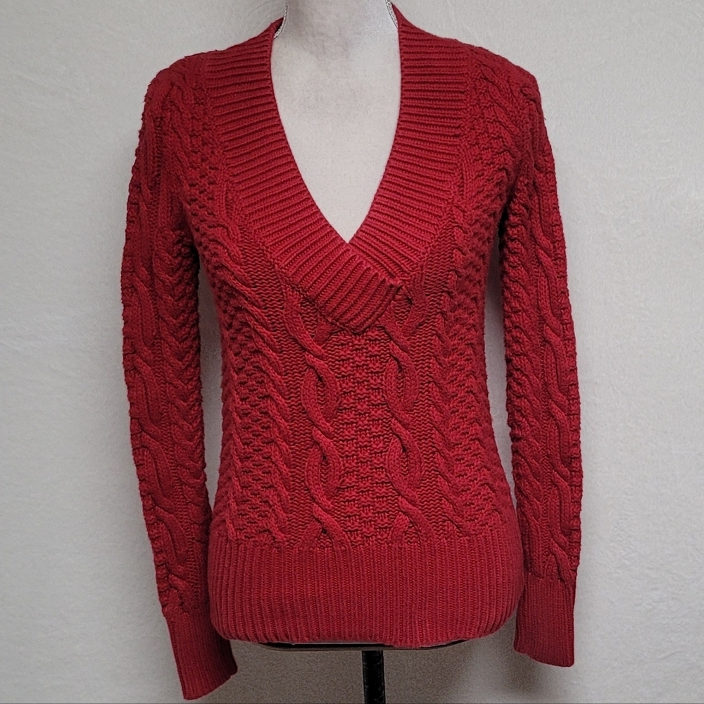 Moda International Vintage 90s Solid Dark Red Ribbed Cable Knit V-neck Sweater S - Picture 2 of 10